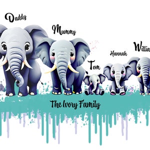 Personalised custom cartoon illustration of a cute family of elephants. Digital illustration gift.