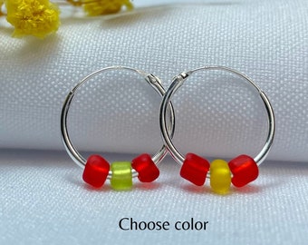 Sterling Silver Hoop Earrings, Colorful Earrings, 16mm Silver Hoop with sea glass beads, Spring earrings, Gift for her