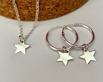 Necklace and earrings set, star necklace with hoop earrings and star pendant, sterling silver star necklace and earrings set, gift for women