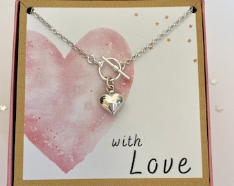 COLLIER DE CHARME COEUR, collier à fermoir toggle, collier coeur en argent sterling, collier avec carte prête à offrir, cadeau spécial.
