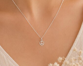 Sterling Silver Peace Sign Necklace, Minimalist Peace Pendant