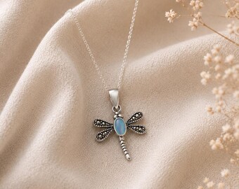 Sterling Silver Dragonfly Necklace, Marquise Wing Pendant, Nature Charm Jewelry