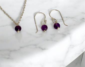Sterling Silver Amethyst Jewelry Set: Minimalist Necklace & Dangle Earrings