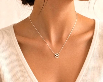 Sterling Silver Dog Paw Necklace, Minimalist Pet Lover Jewelry, Adjustable Chain