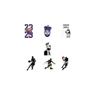 May include: A collection of black and white illustrations featuring a basketball player, a basketball, and the number 23. The player is wearing a crown and a jersey with the number 23. The text "LEBRON JAMES" is also included in the image.
