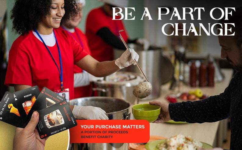 May include: A group of volunteers in red shirts serve food to a person in need. The text "BE A PART OF CHANGE" and "YOUR PURCHASE MATTERS A PORTION OF PROCEEDS BENEFIT CHARITY" is displayed on the image.