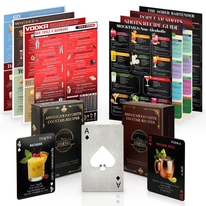 May include: A set of cocktail recipe cards and a bottle opener shaped like a playing card. The cards feature different cocktails with their ingredients and instructions. The bottle opener is made of metal and has a hole in the center for opening bottles.