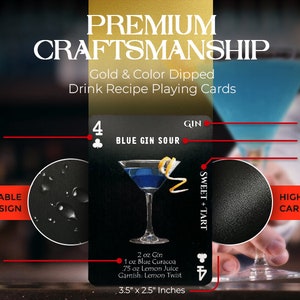 May include: Playing cards with a black background and gold accents. The card shows a cocktail recipe for a Blue Gin Sour with a lemon twist garnish. The card is 3.5 inches by 2.5 inches. The cards are made with high quality card stock and have a durable design.