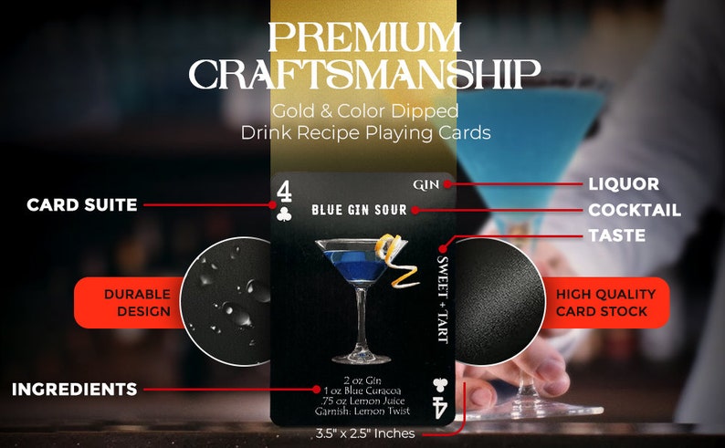 May include: Playing cards with a black background and gold accents. The card shows a cocktail recipe for a Blue Gin Sour with a lemon twist garnish. The card is 3.5 inches by 2.5 inches. The cards are made with high quality card stock and have a durable design.