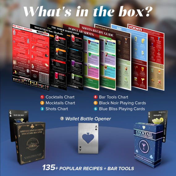 Cocktail Recipe Drink Cards with Bartender Gift Set with large Charts & fun playing games