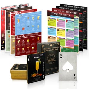 May include: A set of cocktail recipe cards, including a deck of playing cards with cocktail recipes, a metal ace of spades bottle opener, and several colorful posters with cocktail recipes. The posters include recipes for popular shots, whiskey, vodka, gin, brandy, and a mimosa.