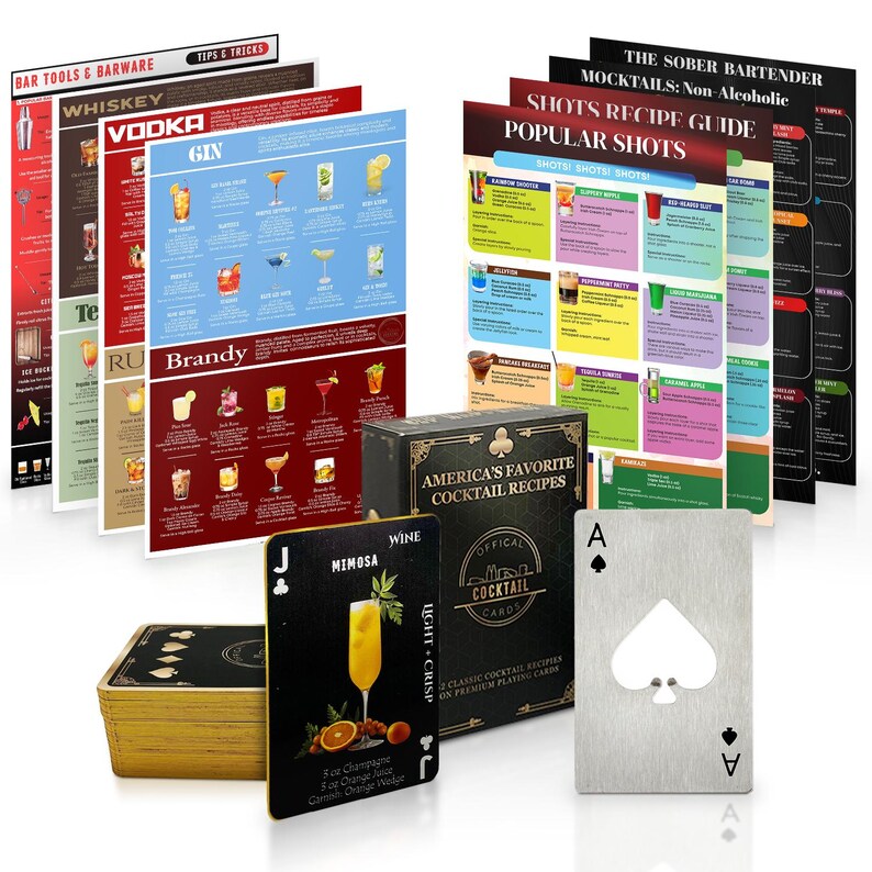 May include: A set of cocktail recipe cards, including a deck of playing cards with cocktail recipes, a metal ace of spades bottle opener, and several colorful posters with cocktail recipes. The posters include recipes for popular shots, whiskey, vodka, gin, brandy, and a mimosa.