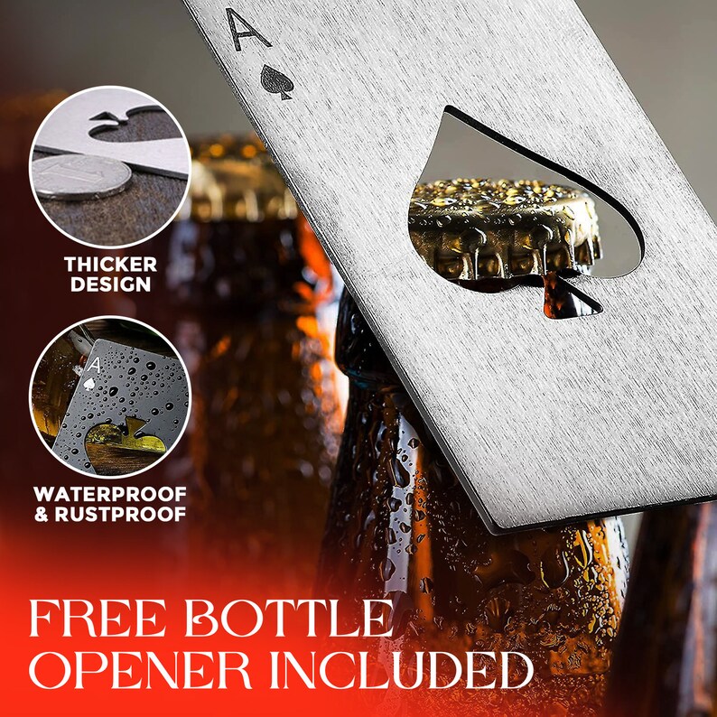 May include: A silver metal bottle opener shaped like an ace of spades playing card. The opener has a cut-out in the shape of a spade for opening bottles. The text "FREE BOTTLE OPENER INCLUDED" is at the bottom of the image.