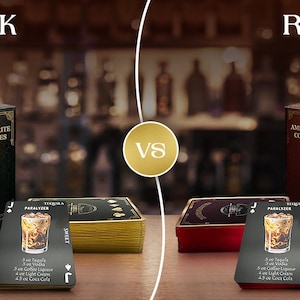 May include: Two sets of cocktail recipe cards, one in black with gold accents and the other in red with gold accents. Both sets feature the text "America's Favorite Cocktail Recipes" and "Official Cocktail Cards". The black set is labeled "Black Noir" and the red set is labeled "Royal Red".