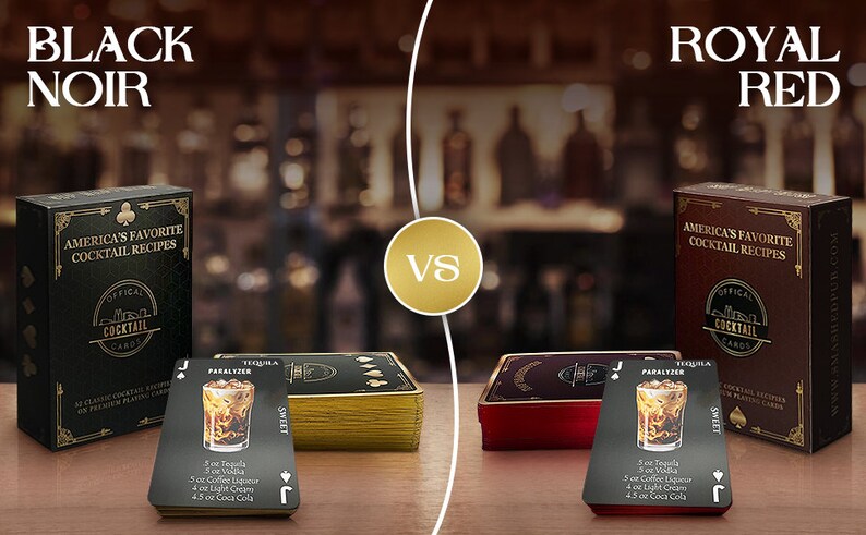 May include: Two sets of cocktail recipe cards, one in black with gold accents and the other in red with gold accents. Both sets feature the text "America's Favorite Cocktail Recipes" and "Official Cocktail Cards". The black set is labeled "Black Noir" and the red set is labeled "Royal Red".