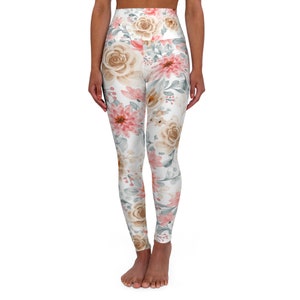 High Waisted Yoga Leggings (AOP), Floral Leggings, Women&#39;s Leggings, Beautiful Leggings, Lounging Leggings, Leggings with Flowers, Flowers