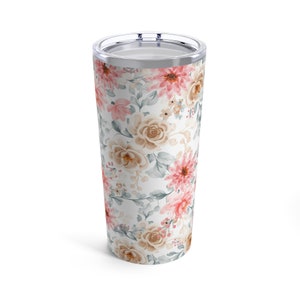 Tumbler 20oz, Pink and White Flower Tumbler, Pretty Tumbler, Travel Cup, Cute Tumbler, Pink Flowers Tumbler, Pink, Floral, Gift, Mom, Flower