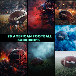 May include: 20 American Football Backdrops. A collection of digital backgrounds featuring footballs, helmets, and smoke effects in various colours.