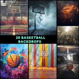May include: 20 different basketball court backdrops, including a colorful abstract design, a wood floor with a striped wall, a foggy basketball court, a basketball court with a fiery hoop, and a basketball court with a sun shining through the trees.