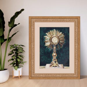 Monstrance with the Blessed Sacrament | Catholic Eucharistic Art Print | Teal Mixed Media Sacred Art | Contemporary Liturgical Decor