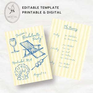 May include: A printable and digital bachelorette party invitation template with a yellow and white striped background. The invitation features a blue and white beach chair, a seashell, a glass of wine, and a skewer of olives. The text on the invitation reads "Jessica's Bachelorette Party!" and "Nantucket, MA August 1-3".