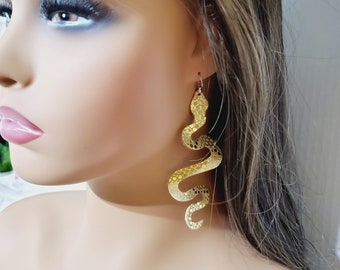 Snake Leather Shaped Earrings, Snake Lover Gifts, Genuine Leather, Snake Jewelry, Snake Dangle Earrings, boho earrings, Gold Metallic bling