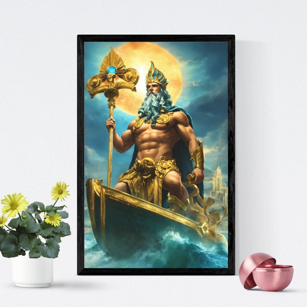 Poseidon statue, Sea god poseidon canvas print, Mythological god statue