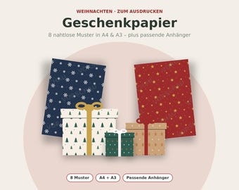 Può includere: Carta da regalo digitale stampabile con otto motivi senza cuciture in formato A4 e A3, inclusi tag abbinati. Il testo recita WEIHNACHTEN ZUM AUSDRUCKEN Geschenkpapier 8 nahtlose Muster in A4 & A3 - plus passende Anhänger.