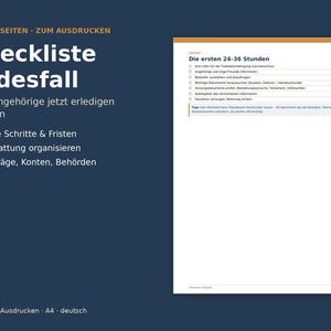 Könnte beinhalten: Eine sechsseitige, ausdruckbare PDF-Checkliste mit dem Titel Checkliste Todesfall, die bei Aufgaben nach einem Todesfall unterstützt. Das Dokument hat einen dunkelblauen Hintergrund mit weißem Text und eine weiße Seite mit Schritten für die ersten 24-36 Stunden.