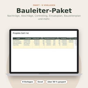 Könnte beinhalten: Ein Laptop-Bildschirm zeigt eine Tabelle mit dem Titel Projekte Soll / Ist und verschiedenen Datenspalten. Darüber steht der Text Bauleiter-Paket, Nachträge, Abschläge, Controlling, Einsatzplan, Bauzeitenplan und mehr.