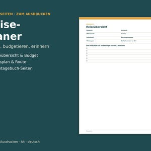 Könnte beinhalten: Ein druckbarer 5-seitiger Reiseplaner als PDF auf Deutsch. Das Dokument enthält eine Reiseübersicht-Seite mit Feldern für Reisedetails, Unterkunft und eine Checkliste für Aktivitäten. Das Design zeigt einen dunkel-türkisen Hintergrund.