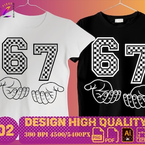 May include: Two t-shirts, one white and one black, each displaying the number "67" in a checkered pattern. Below the numbers are stylized open hands. The shirts are hanging on a rack.