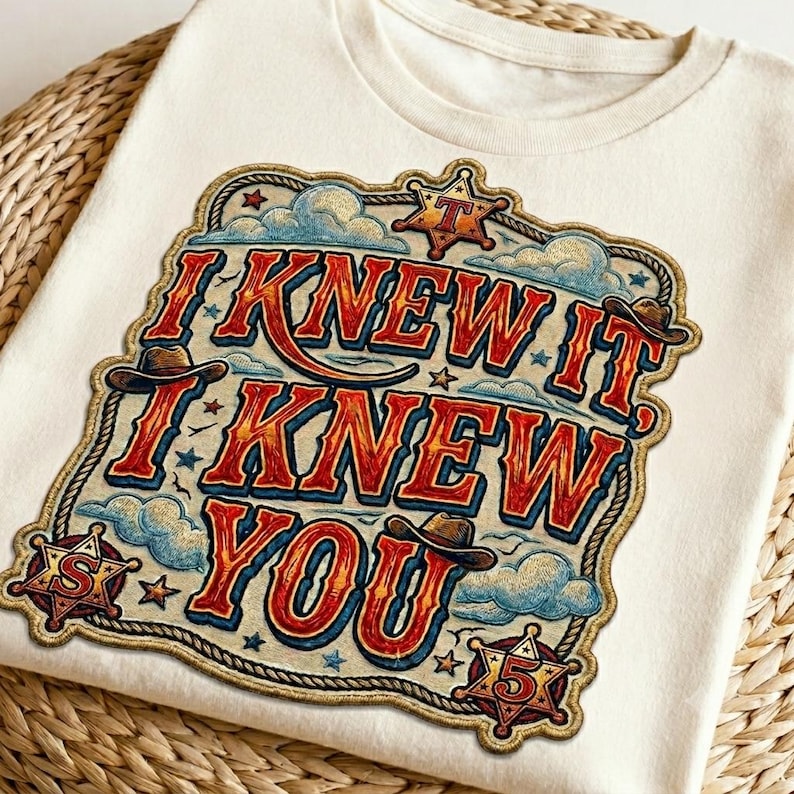 Retro western-style typography design featuring the phrase “I Knew It, I Knew You” in bold vintage red and orange lettering with blue shadows. The artwork includes cowboy hats, sheriff badges, stars, clouds, rope border details, and a rustic cowboy theme, making it ideal for a 5th birthday shirt, western birthday party, family matching apparel, and print-on-demand products.