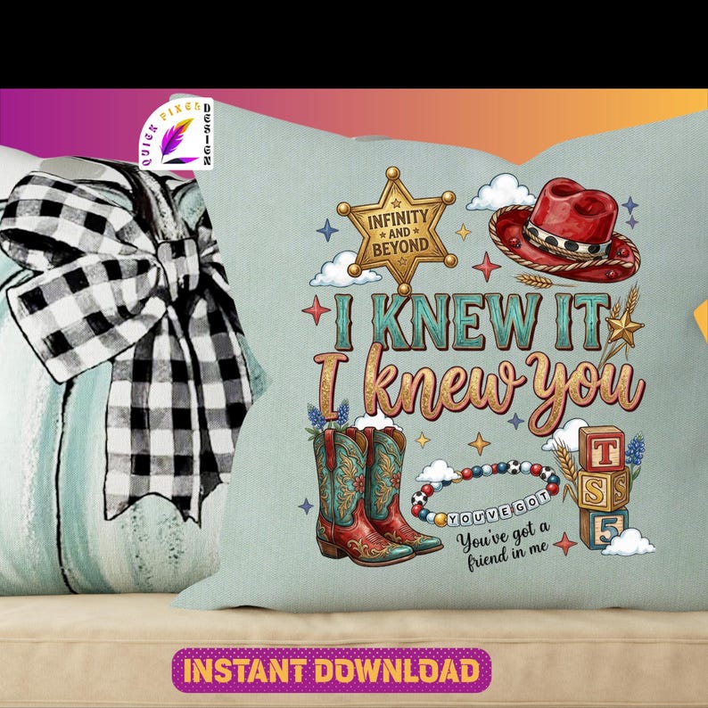 Retro western friendship design featuring the phrase “I Knew It I Knew You,” cowgirl boots, red western hat, sheriff badge, friendship bracelet, toy blocks, stars, clouds, and western-themed decorative elements. Perfect for shirts, sublimation projects, stickers, and digital crafts.