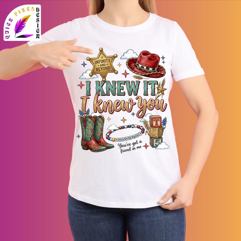Retro western friendship design featuring the phrase “I Knew It I Knew You,” cowgirl boots, red western hat, sheriff badge, friendship bracelet, toy blocks, stars, clouds, and western-themed decorative elements. Perfect for shirts, sublimation projects, stickers, and digital crafts.