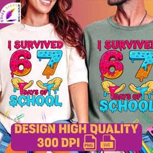 Peut inclure: Deux t-shirts avec un graphisme coloré. Le motif présente le texte "I SURVIVED 67 DAYS OF SCHOOL" avec des chiffres et du texte en forme de beignet et de gaufre. Le bas de l'image contient le texte "DESIGN HIGH QUALITY 300 DPI".