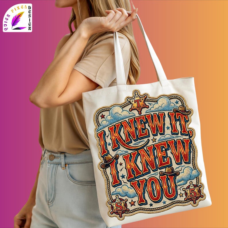 Retro western-style typography design featuring the phrase “I Knew It, I Knew You” in bold vintage red and orange lettering with blue shadows. The artwork includes cowboy hats, sheriff badges, stars, clouds, rope border details, and a rustic cowboy theme, making it ideal for a 5th birthday shirt, western birthday party, family matching apparel, and print-on-demand products.