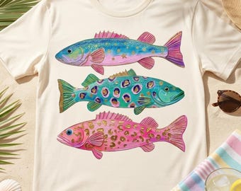 Pesce elegante PNG, clipart di pesci colorati, pesci costieri, clipart di pesci da spiaggia, pesci estivi carini, tre pesci SVG, clipart dell'oceano per ragazze, dipinto a mano