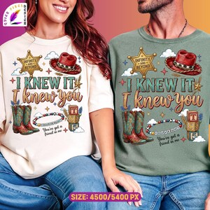 Retro western friendship design featuring the phrase “I Knew It I Knew You,” cowgirl boots, red western hat, sheriff badge, friendship bracelet, toy blocks, stars, clouds, and western-themed decorative elements. Perfect for shirts, sublimation projects, stickers, and digital crafts.