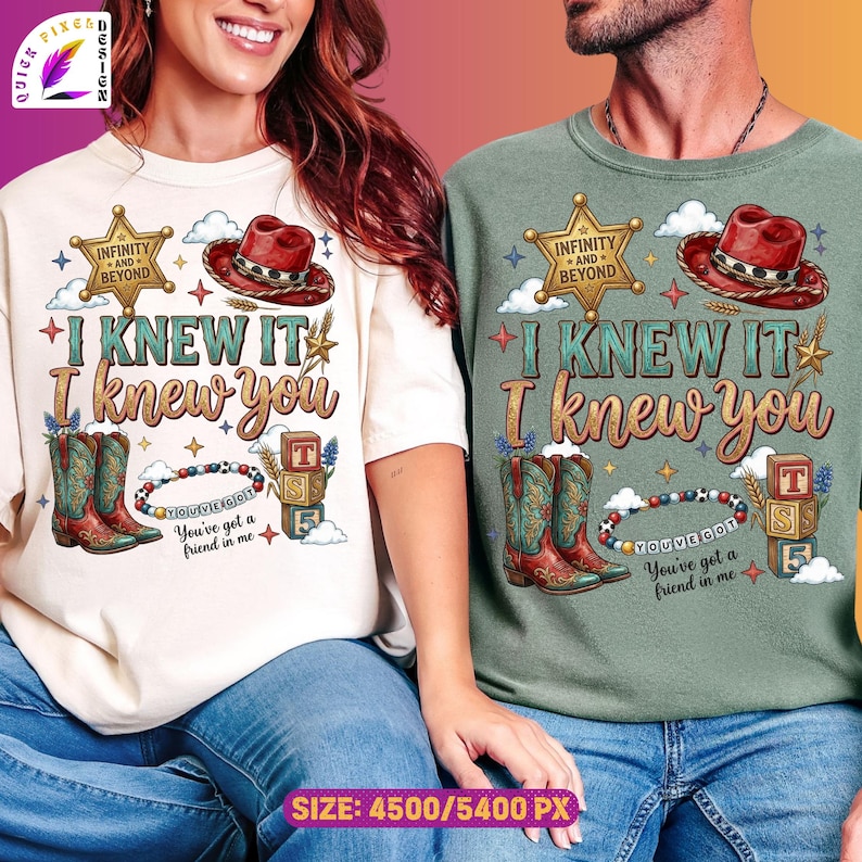 Retro western friendship design featuring the phrase “I Knew It I Knew You,” cowgirl boots, red western hat, sheriff badge, friendship bracelet, toy blocks, stars, clouds, and western-themed decorative elements. Perfect for shirts, sublimation projects, stickers, and digital crafts.