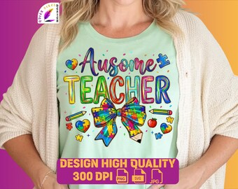 Profesor Ausome PNG, Conciencia del autismo PNG, Profesor de educación especial, Arco de rompecabezas para autismo, Neurodiversidad, Profesor con arco de coqueta