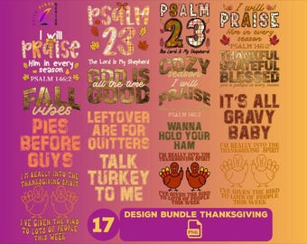 Paquete PNG de Acción de Gracias | 17 diseños cristianos y divertidos de sublimación para otoño | Salmo 23, Versículo bíblico, Día del Pavo, Agradecido, Fe, Alabaré