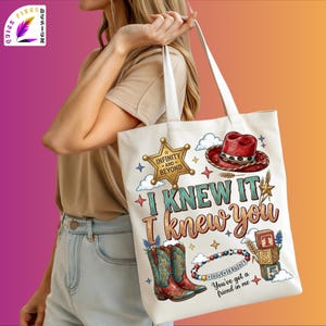Retro western friendship design featuring the phrase “I Knew It I Knew You,” cowgirl boots, red western hat, sheriff badge, friendship bracelet, toy blocks, stars, clouds, and western-themed decorative elements. Perfect for shirts, sublimation projects, stickers, and digital crafts.