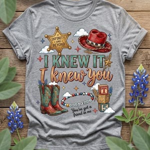 Retro western friendship design featuring the phrase “I Knew It I Knew You,” cowgirl boots, red western hat, sheriff badge, friendship bracelet, toy blocks, stars, clouds, and western-themed decorative elements. Perfect for shirts, sublimation projects, stickers, and digital crafts.