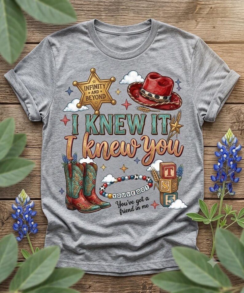 Retro western friendship design featuring the phrase “I Knew It I Knew You,” cowgirl boots, red western hat, sheriff badge, friendship bracelet, toy blocks, stars, clouds, and western-themed decorative elements. Perfect for shirts, sublimation projects, stickers, and digital crafts.