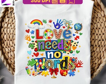 El amor no necesita palabras PNG svg jpg | Maestro de concienciación sobre el autismo PNG | Piezas de rompecabezas sobre autismo | Diseño de camiseta para mamá con autismo | Lazo de cinta para autismo
