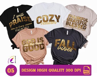Paquete PNG de otoño cristiano | 5 diseños retro de patchwork | Dios es bueno, temporada acogedora, vibras otoñales, agradecido y bendecido, alábalo