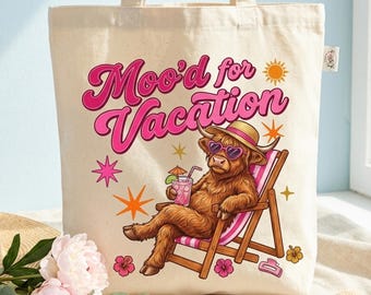 Mood for Vacation Highland Cow PNG SVG JPG, Divertente design per maglietta estiva con mucca, Mucca da spiaggia per sublimazione, Grafica retrò per le vacanze