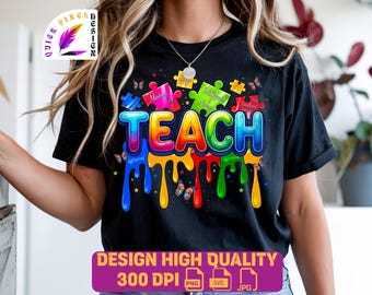 Concienciación sobre el autismo PNG svg jpg | Diseño de rompecabezas para enseñar | Mamá con autismo PNG | Camiseta con autismo SVG | Niños con autismo PNG | Arte de rompecabezas con lazo de autismo