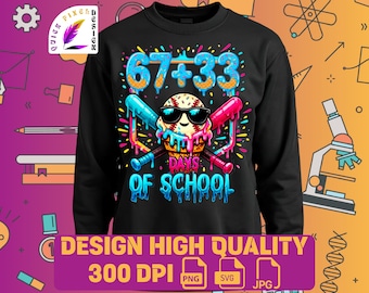 67+33 giorni di scuola PNG SVG | 100° giorno di scuola Design di baseball con gelato gocciolante | Design di maglietta per insegnanti, Download istantaneo di PNG divertenti per la scuola